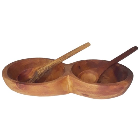 Wooden Condiment Salsa Bowl Double Sided with Two Spoons - Picture 2 of 3